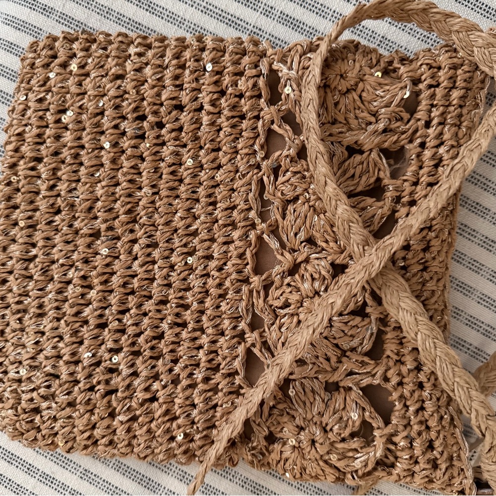 Sequin-Accent Handwoven Straw crossbody Tote in Brown